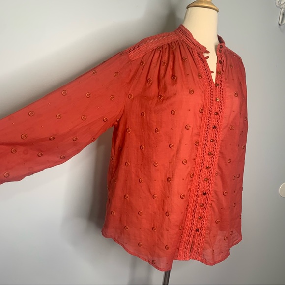 Maeve by Anthropology Coral Embroidered Voile Augusta Peasant Blouse Top Large - Picture 9 of 14
